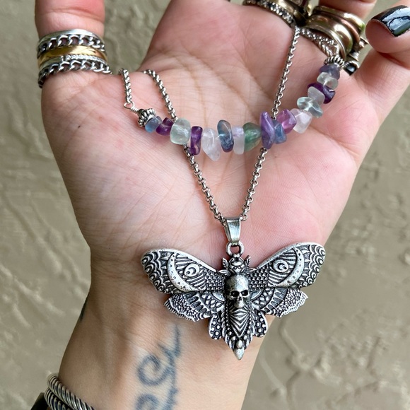 Double layer moth skull moon charm & gems of your choice goth boho necklace - Picture 11 of 13